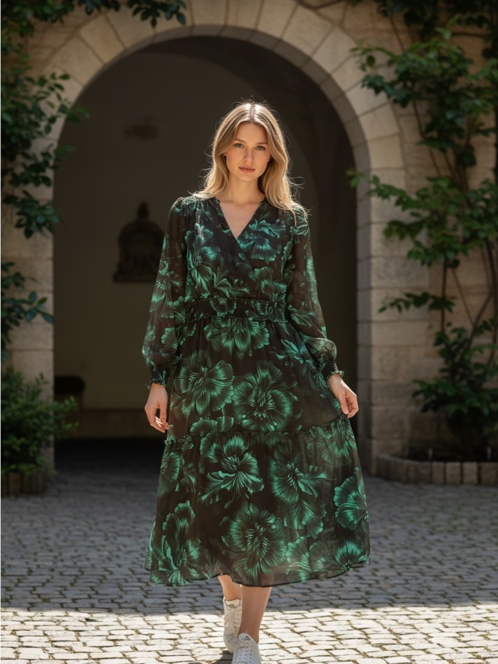 White House Black Market Black Midi Dress with Green Floral Print
